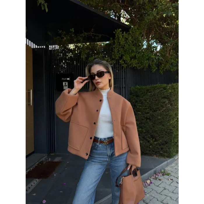 Arnay Kaşe Kaşmir Cıt Cıt Detaylı Yama Cepli Bomber Ceket - Kahve