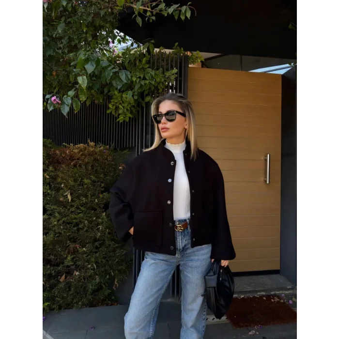 Arnay Kaşe Kaşmir Cıt Cıt Detaylı Yama Cepli Bomber Ceket - Siyah