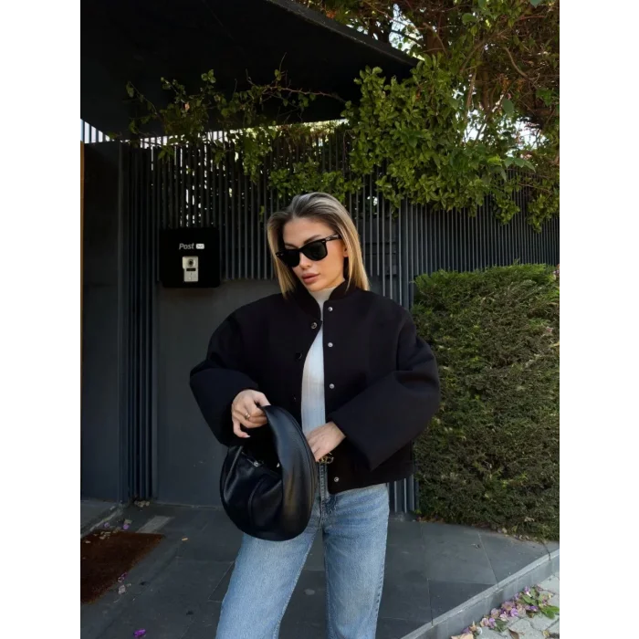 Arnay Kaşe Kaşmir Cıt Cıt Detaylı Yama Cepli Bomber Ceket - Siyah