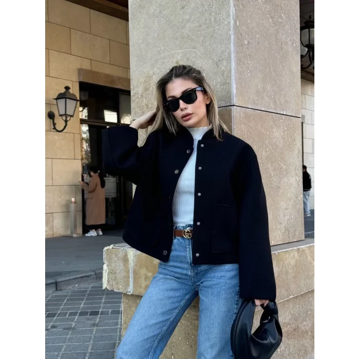 Arnay Kaşe Kaşmir Cıt Cıt Detaylı Yama Cepli Bomber Ceket - Siyah