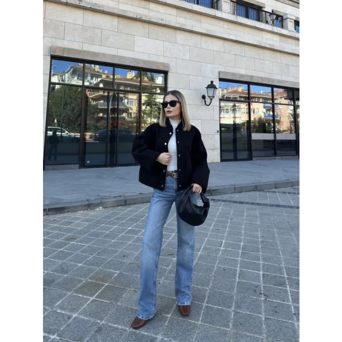 Arnay Kaşe Kaşmir Cıt Cıt Detaylı Yama Cepli Bomber Ceket - Siyah