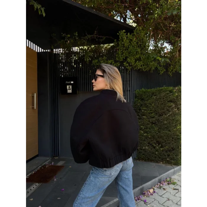 Arnay Kaşe Kaşmir Cıt Cıt Detaylı Yama Cepli Bomber Ceket - Siyah