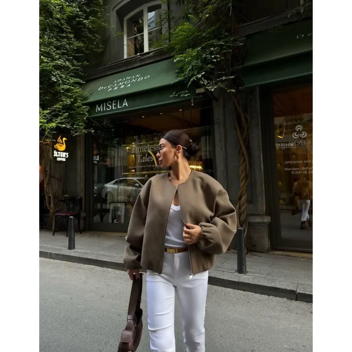 Arnay Kaşe Kaşmir Fermuarlı Ceket - Haki