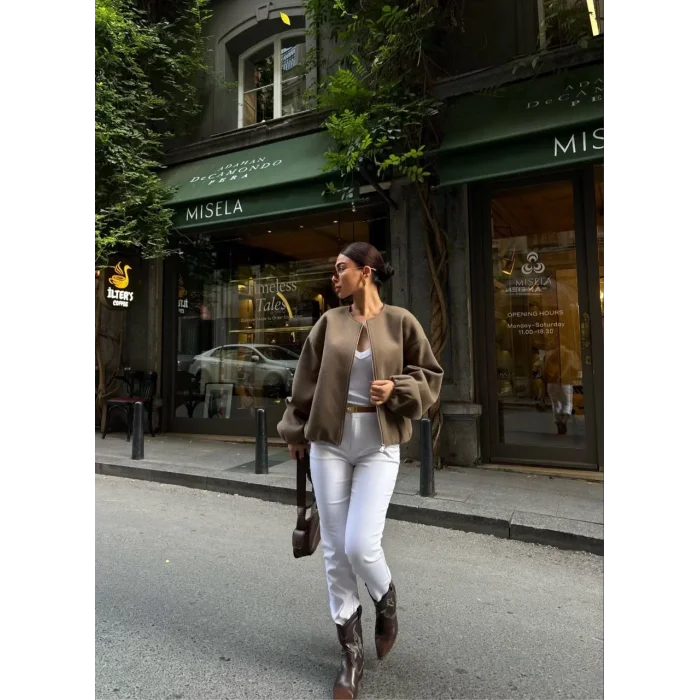 Arnay Kaşe Kaşmir Fermuarlı Ceket - Haki