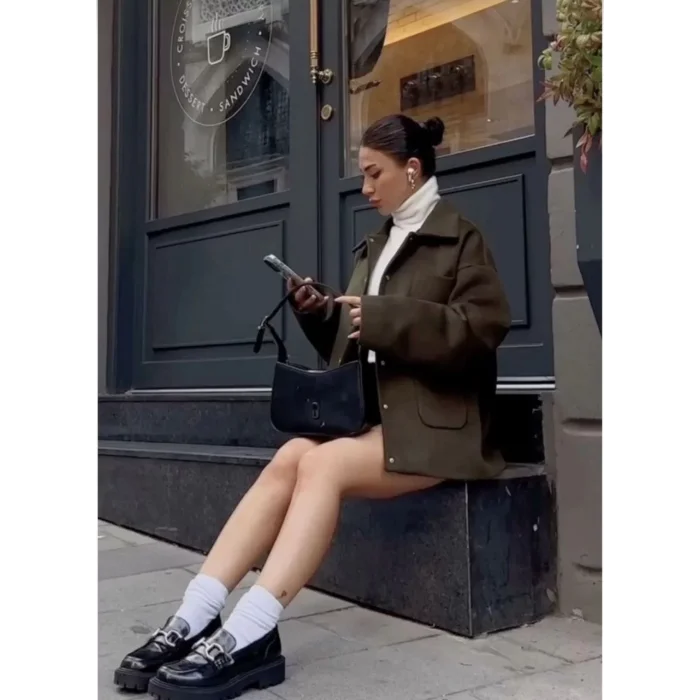 Arnay Kaşe Kaşmir Kumaş Cep Ve Çıt Çıt Düğme Detay Bleazer Pinterest Ceket Mont - Haki