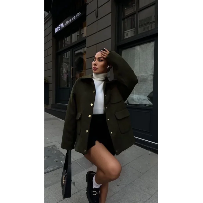 Arnay Kaşe Kaşmir Kumaş Cep Ve Çıt Çıt Düğme Detay Bleazer Pinterest Ceket Mont - Haki