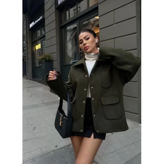 Arnay Kaşe Kaşmir Kumaş Cep Ve Çıt Çıt Düğme Detay Bleazer Pinterest Ceket Mont - Haki