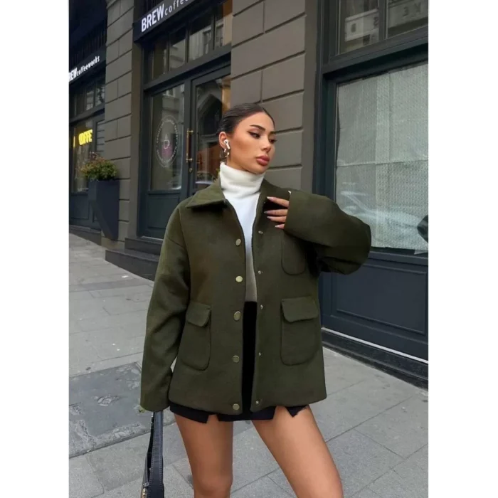 Arnay Kaşe Kaşmir Kumaş Cep Ve Çıt Çıt Düğme Detay Bleazer Pinterest Ceket Mont - Haki
