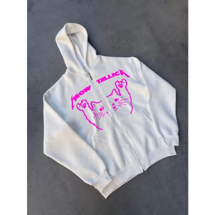 Arnay Kışlık Baskılı Fermuarlı Kapüşonlu Hırka - Beyaz