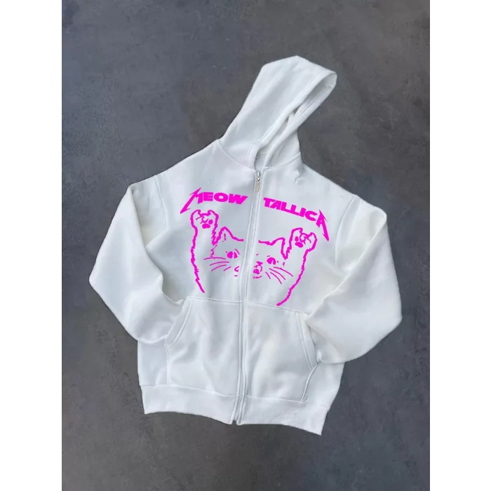 Arnay Kışlık Baskılı Fermuarlı Kapüşonlu Hırka - Beyaz