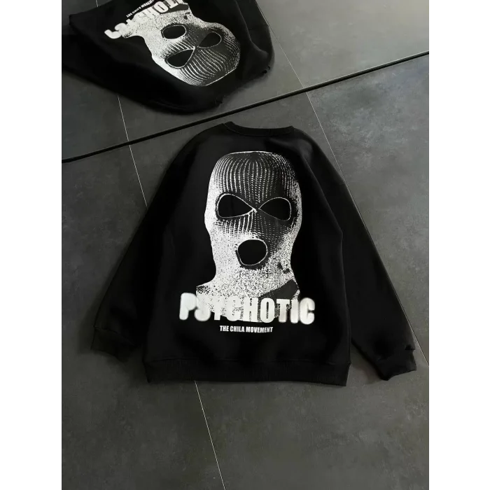 Arnay Kışlık Bisiklet Yaka Baskılı Sweatshirt - Siyah