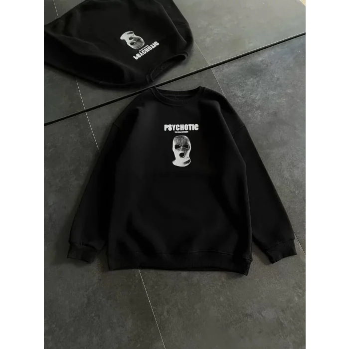 Arnay Kışlık Bisiklet Yaka Baskılı Sweatshirt - Siyah