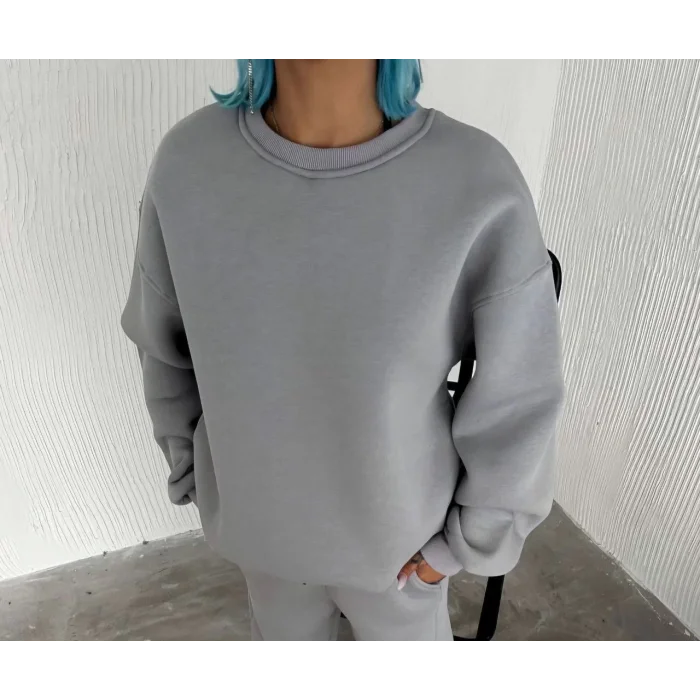 Arnay Kışlık Bisiklet Yaka Üç İplik Basic Sweatshirt - Gri