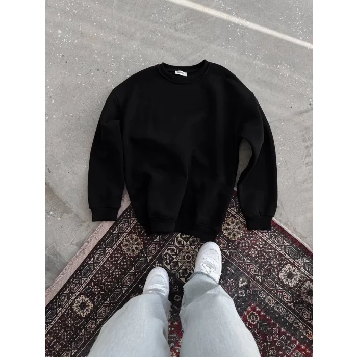 Arnay Kışlık Bisiklet Yaka Üç İplik Basic Sweatshirt - Siyah