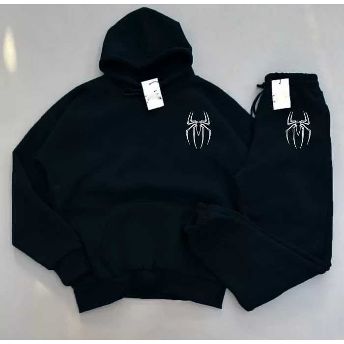 Arnay Kışlık Kapüşonlu Üç İplik Baskılı Eşofman Takım - Siyah