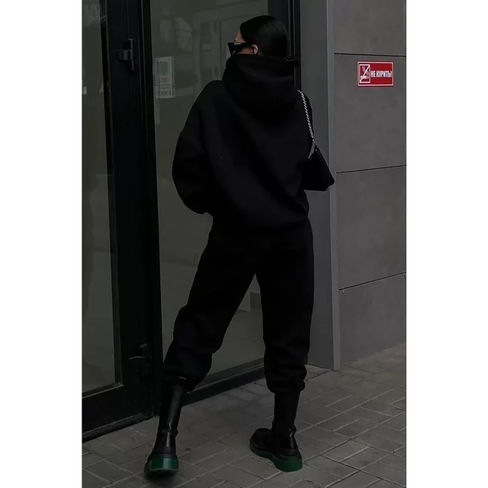 Arnay Kışlık Kapüşonlu Üç İplik Baskılı Eşofman Takım - Siyah