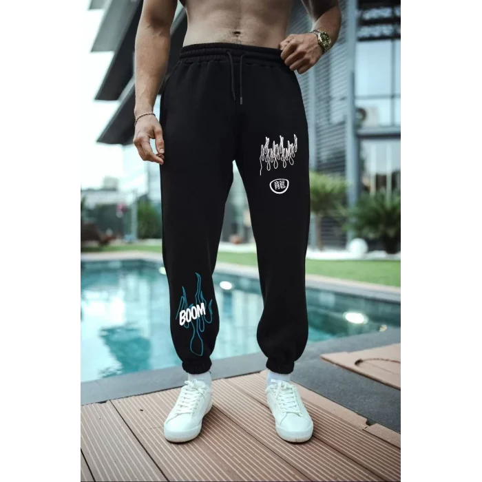 Arnay Kışlık Üç İplik Baskılı Eşofman Pantolon - Siyah