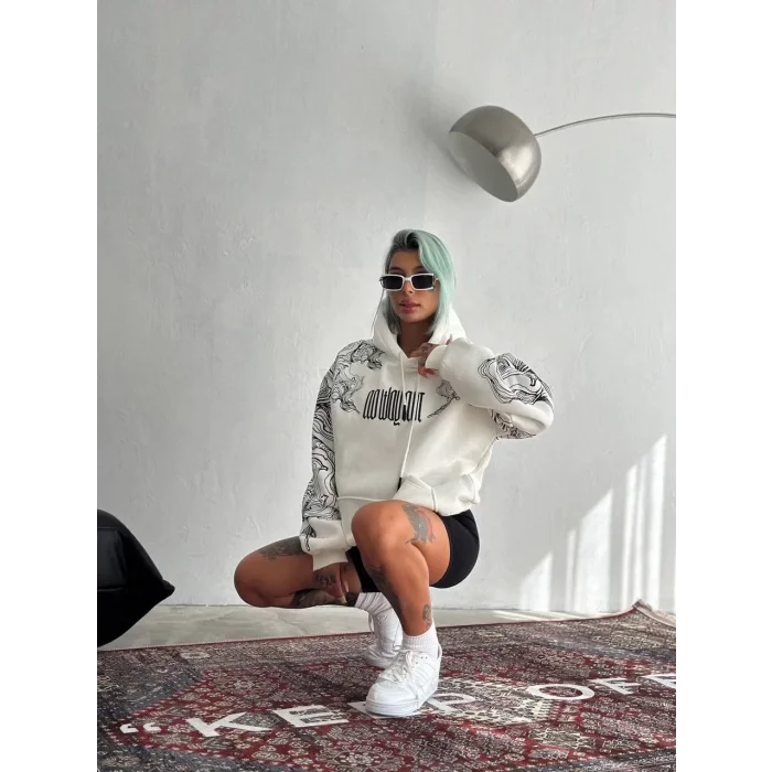 Arnay Kışlık Üç İplik Baskılı Kapşonlu Sweatshirt - Beyaz