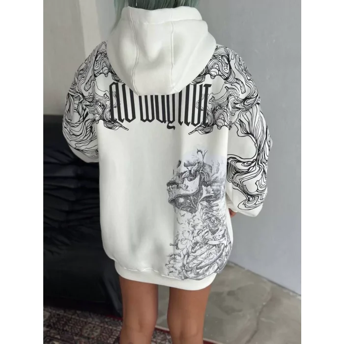 Arnay Kışlık Üç İplik Baskılı Kapşonlu Sweatshirt - Beyaz