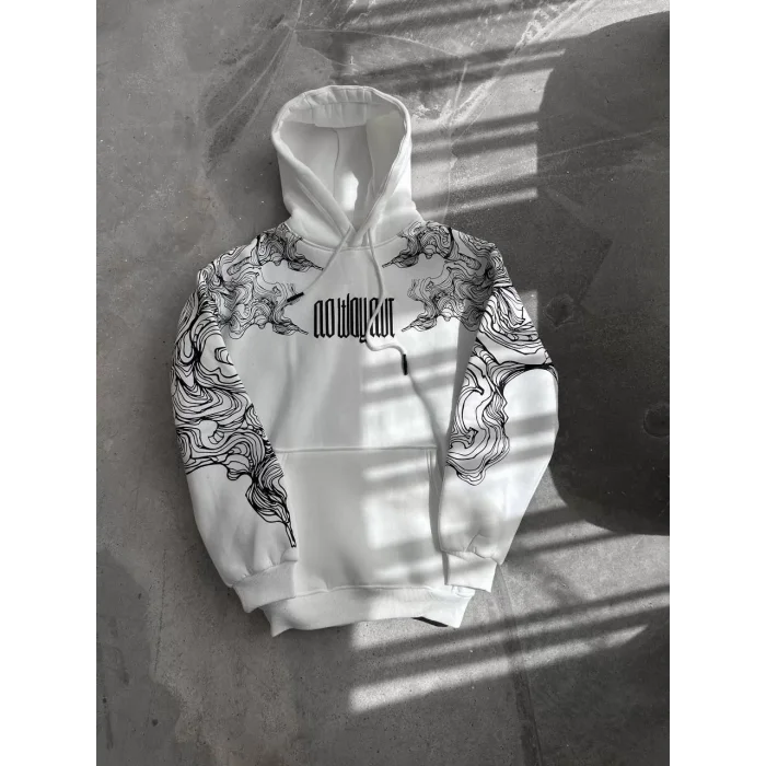 Arnay Kışlık Üç İplik Baskılı Kapşonlu Sweatshirt - Beyaz
