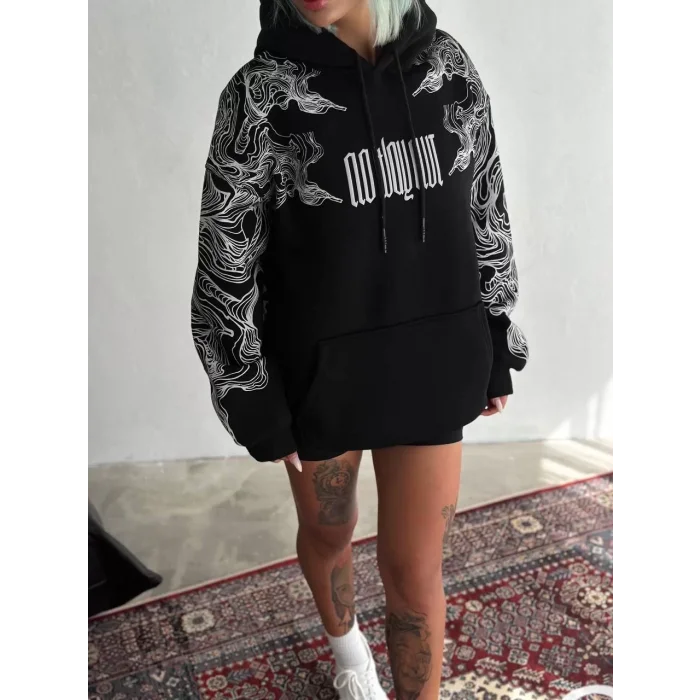 Arnay Kışlık Üç İplik Baskılı Kapşonlu Sweatshirt - Siyah