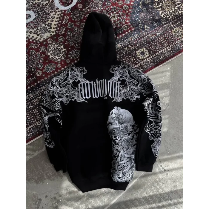 Arnay Kışlık Üç İplik Baskılı Kapşonlu Sweatshirt - Siyah