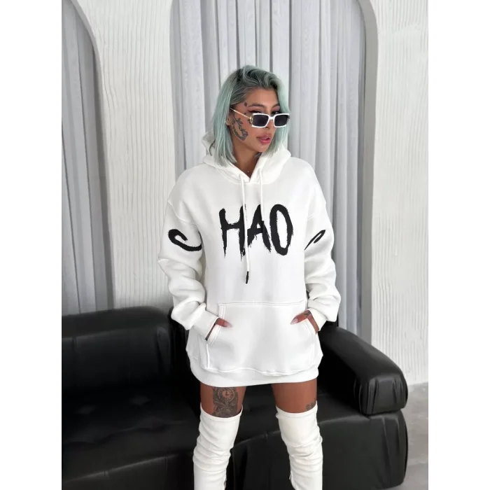 Arnay Kışlık Üç İplik Kapşonlu Baskılı Sweatshirt - Beyaz