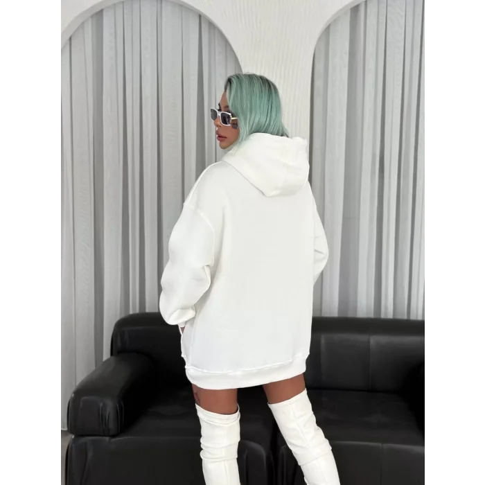 Arnay Kışlık Üç İplik Kapşonlu Baskılı Sweatshirt - Beyaz