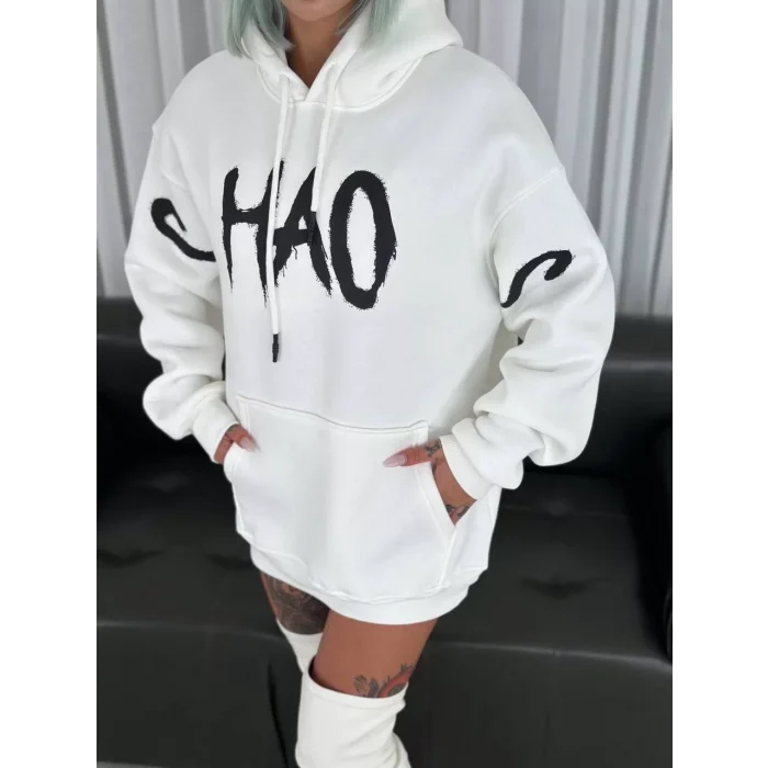 Arnay Kışlık Üç İplik Kapşonlu Baskılı Sweatshirt - Beyaz