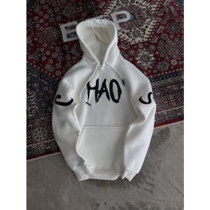 Arnay Kışlık Üç İplik Kapşonlu Baskılı Sweatshirt - Beyaz