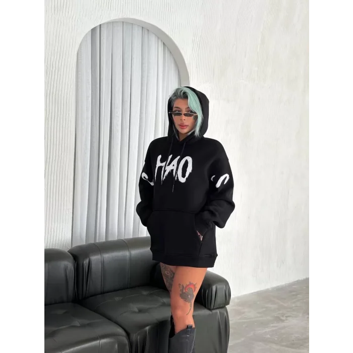 Arnay Kışlık Üç İplik Kapşonlu Baskılı Sweatshirt - Siyah