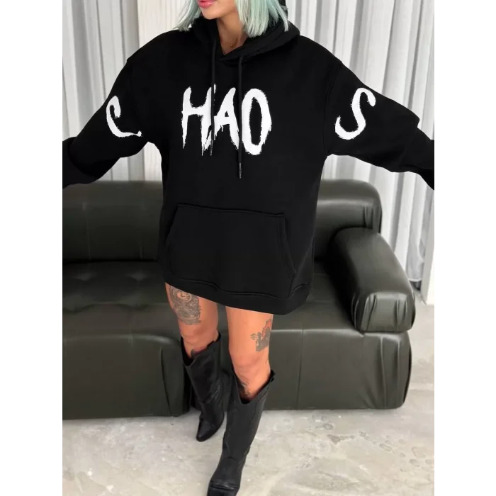 Arnay Kışlık Üç İplik Kapşonlu Baskılı Sweatshirt - Siyah