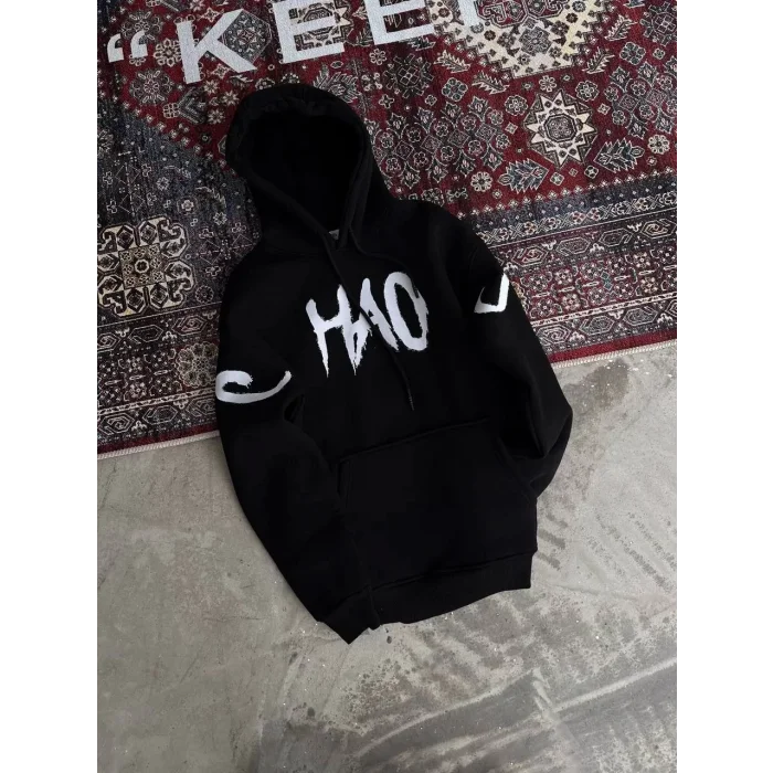 Arnay Kışlık Üç İplik Kapşonlu Baskılı Sweatshirt - Siyah