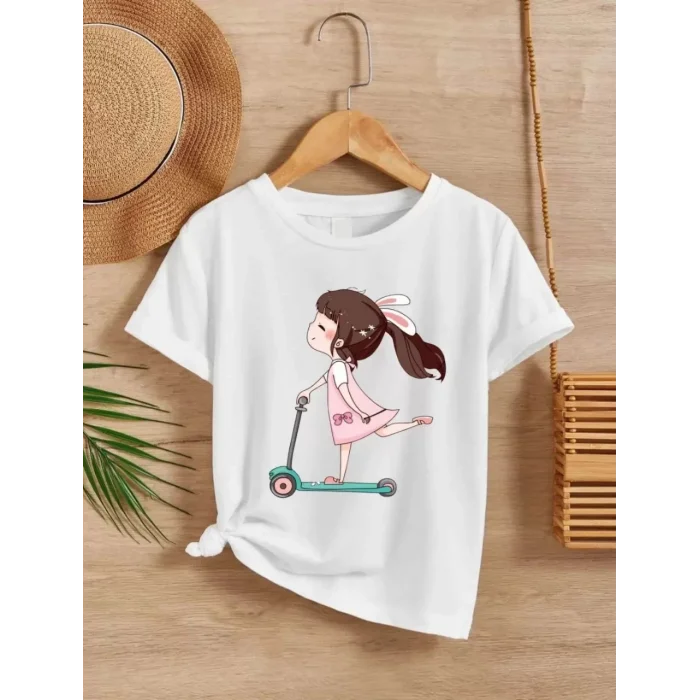 Arnay Kız Çocuk Bisiklet Yaka Baskılı T-shirt - Beyaz