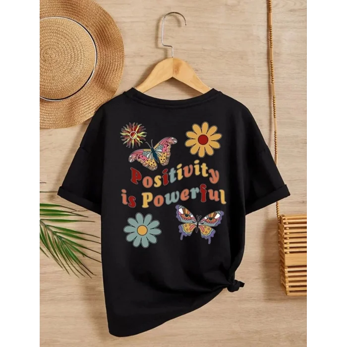 Arnay Kız Çocuk Bisiklet Yaka Baskılı T-shirt - Siyah