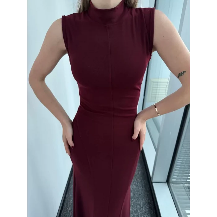 Arnay Kolsuz Yarım Bogazlı Uzun Elbise- Bordo