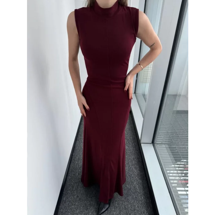 Arnay Kolsuz Yarım Bogazlı Uzun Elbise- Bordo