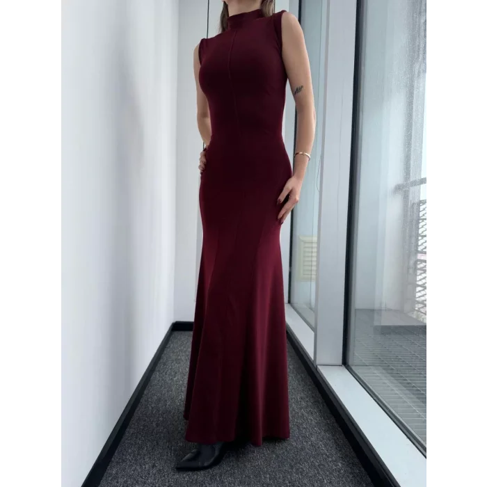 Arnay Kolsuz Yarım Bogazlı Uzun Elbise- Bordo