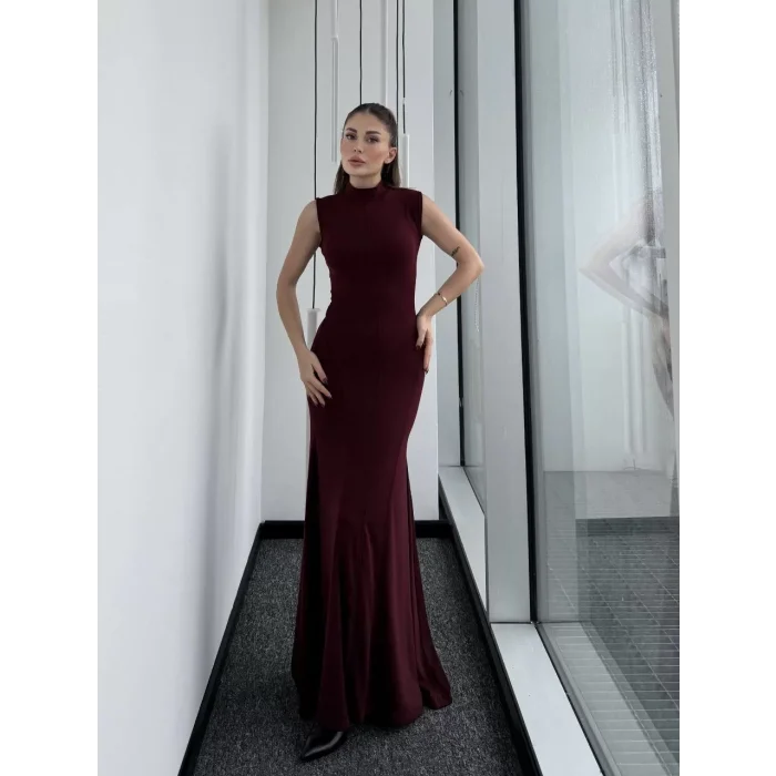 Arnay Kolsuz Yarım Bogazlı Uzun Elbise- Bordo