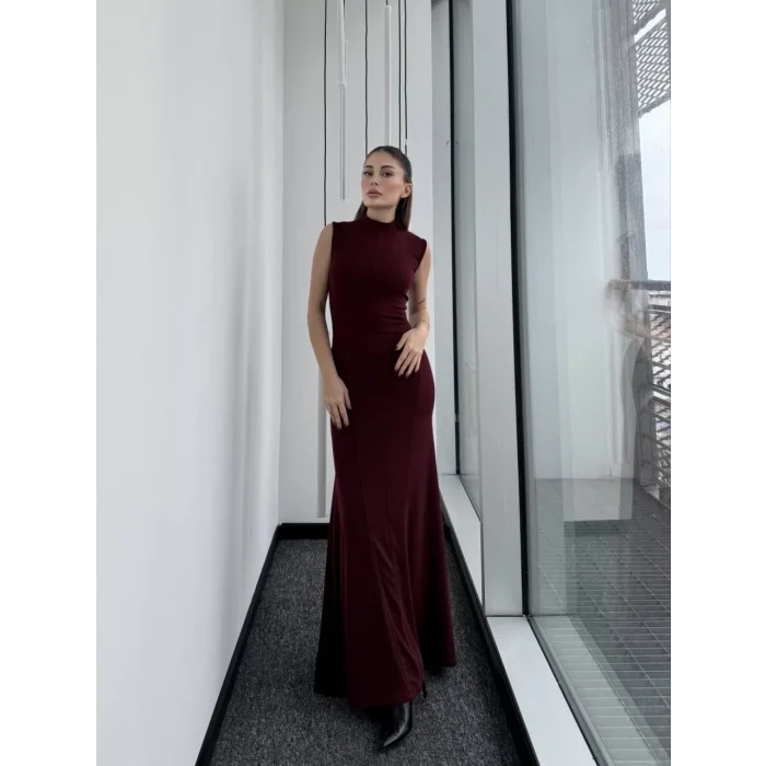 Arnay Kolsuz Yarım Bogazlı Uzun Elbise- Bordo