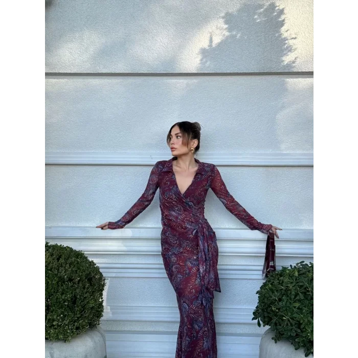 Arnay Kruvaze V Yaka, Fırfırlı Ve Bağcıklı Desenli Bluz Ve Midi Etek Takım - Bordo