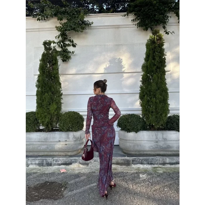 Arnay Kruvaze V Yaka, Fırfırlı Ve Bağcıklı Desenli Bluz Ve Midi Etek Takım - Bordo