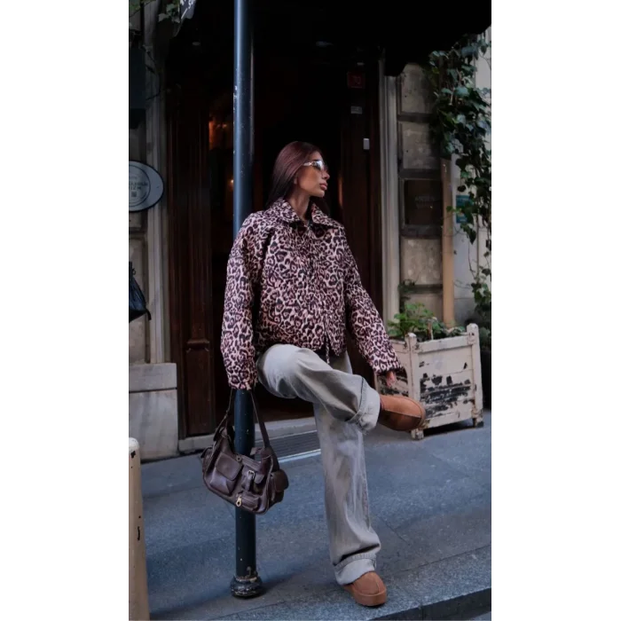 Arnay Kuşak Bağlamalı Leopar Desenli Ceket Mont - Leopar