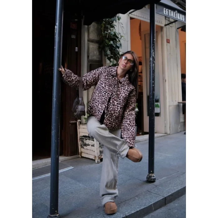 Arnay Kuşak Bağlamalı Leopar Desenli Ceket Mont - Leopar