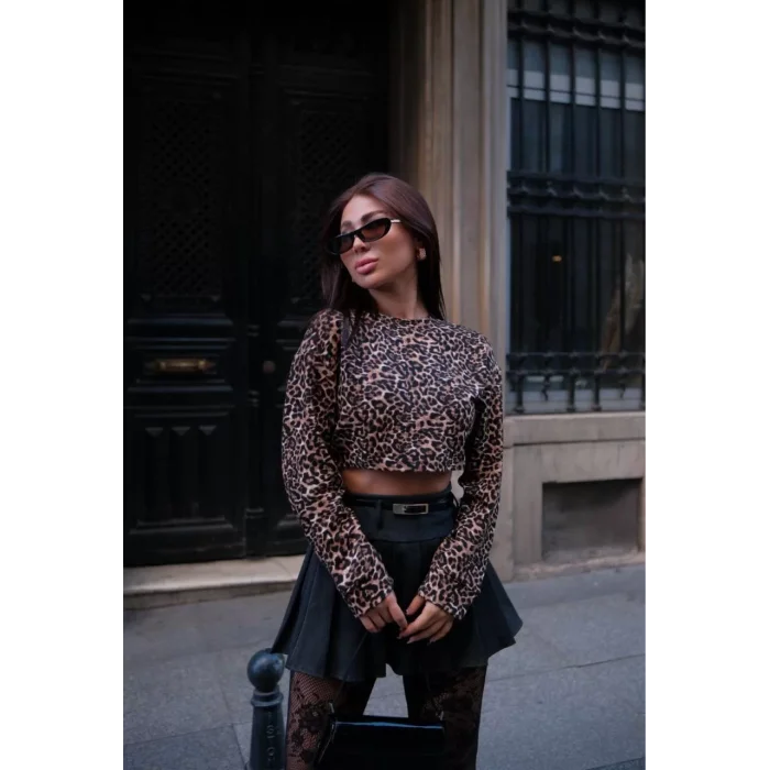 Arnay Leopar Desenli Uzun Kollu Crop - Leopar