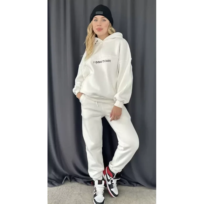 Arnay Nakış İşlemeli Üç İplik Sweat Takım - Beyaz