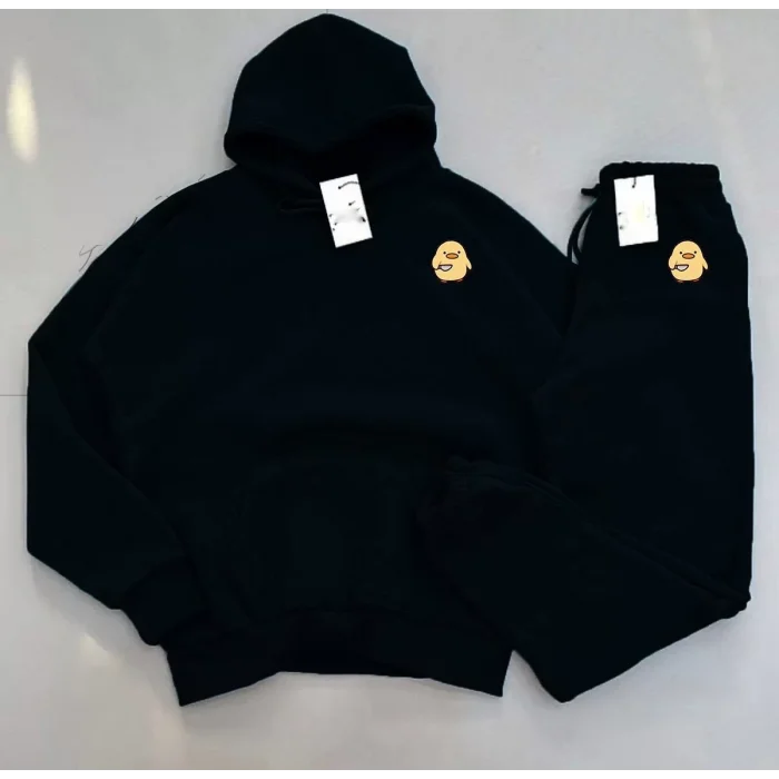 Arnay Oversize Kapüşonlu Üç İplik Baskılı Eşofman Takım - Siyah