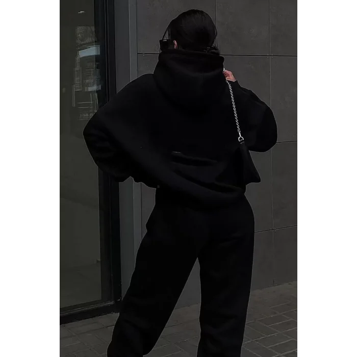 Arnay Oversize Kapüşonlu Üç İplik Baskılı Eşofman Takım - Siyah