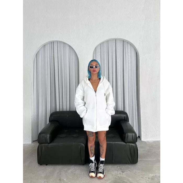 Arnay Oversize Tam Fermuarlı Uzun Kol Hırka - Beyaz