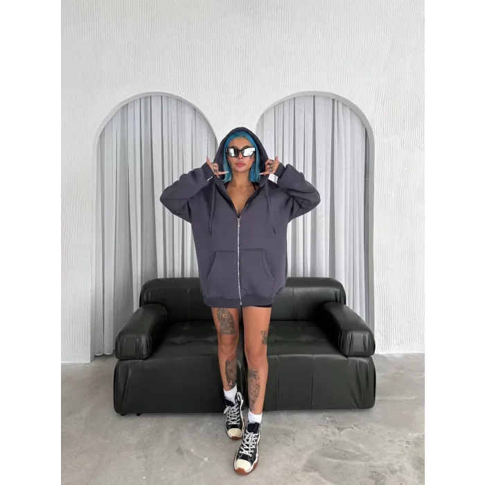 Arnay Oversize Tam Fermuarlı Uzun Kol Hırka - Füme